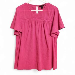 Lane Bryant Flutter-Sleeve Smock Detail Top, Fuchsia Pink, Woman 16, 100% Cotton